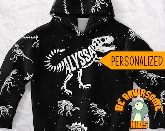 Personalize T-Rex Fossil Youth Hoodie-Personalize Kids Dinosaur Fossils Hoodie-Personalize Paleontology Hoodie