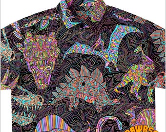 Personalize Psychedelic Dinosaur Button Up Shirt-Trippy Dinosaur Shirt-Dinosaur Hawaiian Button Down Shirt-Paleontologist Shirt