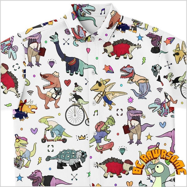 Hipster Dinosaur Button Up Shirt-Dinosaur Button Down Shirt-Paleontologist Shirt