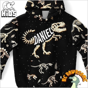 Personalize T-Rex Fossil Youth Hoodie-Personalize Dinosaur Hoodie For Kids-Personalize Future Paleontologist Hoodie