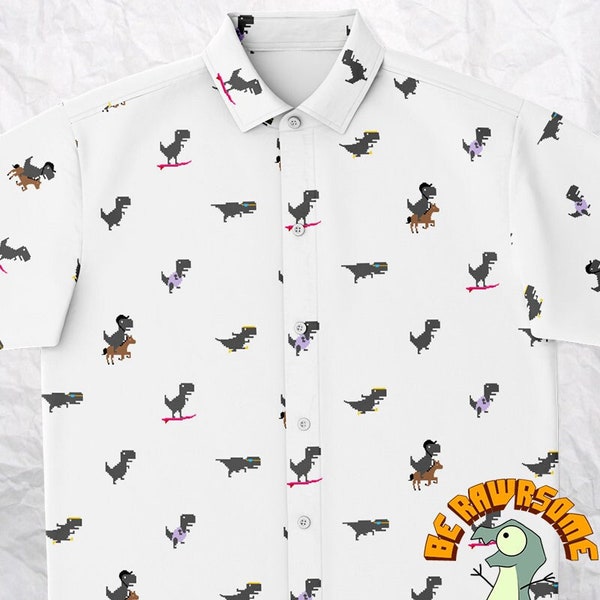 Personalize Chrome Rex Button Up Shirt-Personalize Pixel Dinosaur Button Down Shirt-Paleontologist Shirt