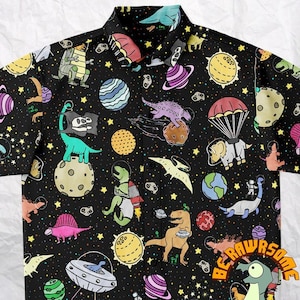 Personalize Dinosaur Button Up Shirt-Personalize Space Dinosaur Button Up Shirt-Dinosaur Button Down Shirt-Paleontologist Shirt