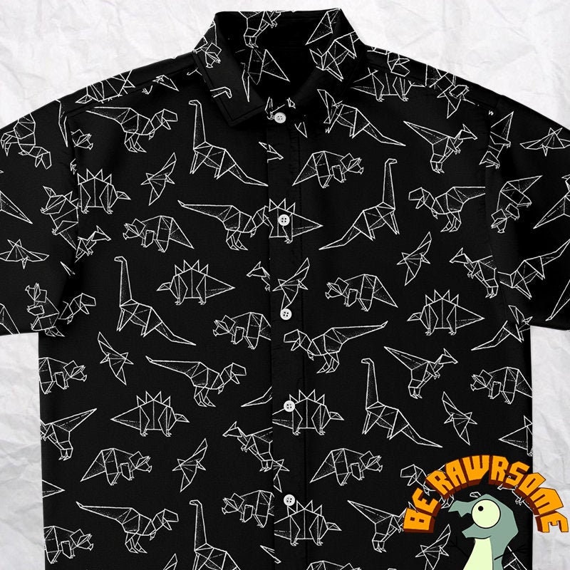 Personalize Origami Dinosaur Button Up Shirt-Geometry Dinosaur Shirt-Abstract Dinosaur Shirt