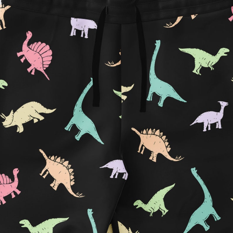 May include: Black sweatpants with a colorful dinosaur pattern. The dinosaurs are in shades of pink, green, blue, yellow, and orange. The sweatpants have a drawstring waistband.