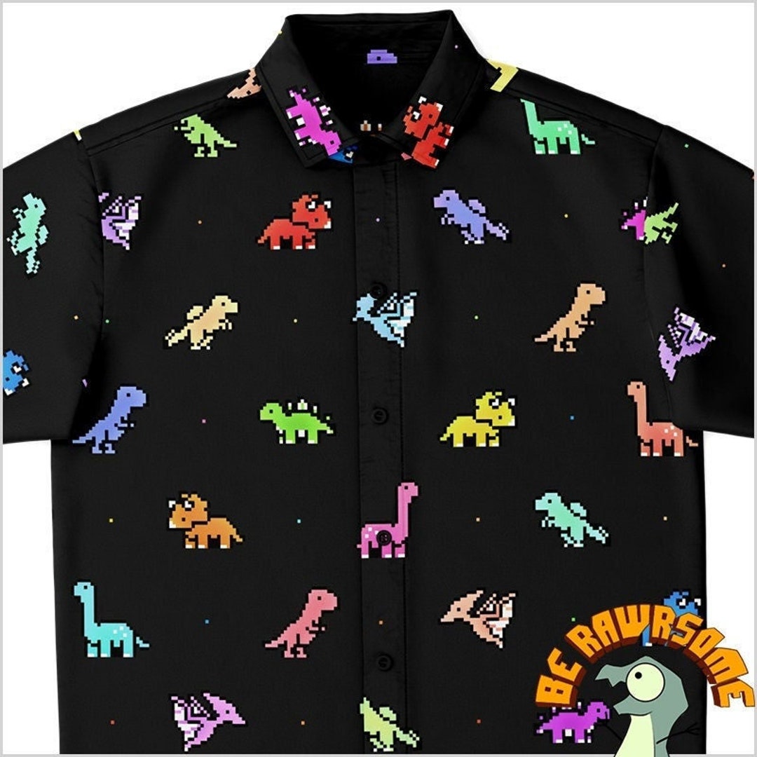 Personalize 8 Bit Dinosaur Button up Shirtretro Dinosaur Button up Shirtpaleontologist Button