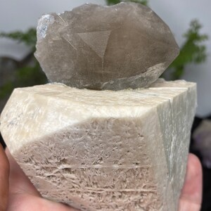 May include: A light brown smoky quartz crystal point sits atop a light beige, textured, rectangular crystal base. The quartz has a triangular facet. The base has a rough, layered texture. The background is blurred.