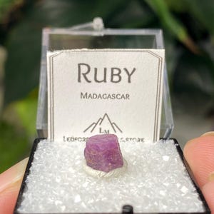 May include: A small, raw ruby gemstone from Madagascar, presented in a clear plastic display case. The case sits on a bed of white, fluffy material. The label reads "Ruby" and "Madagascar".