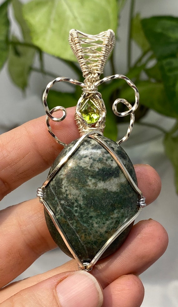 Tree Agate and Peridot Wire Wrap Pendant