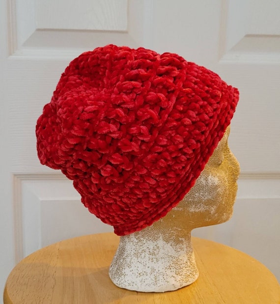 Women's Winter Crocheted Velvet Beanie in Rouge