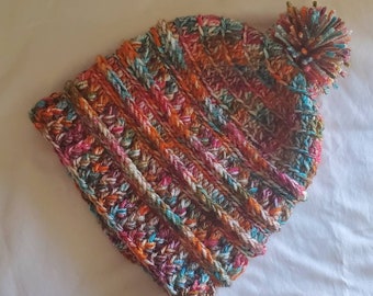 Child's ski hat with pom-pom, handmade hat, winter hat, crocheted beanie, handmade hat, ready to ship, gift.