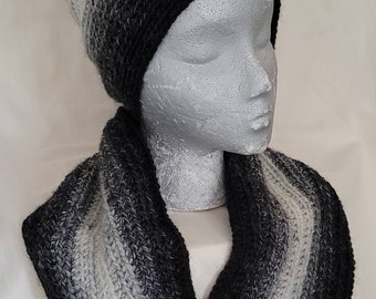 Winter beanie and matching cowl neckwarmer. Black and white hat and scarf set. Infinity scarf and hat set.
