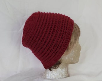 Scarlet red crocheted winter hat. Handmade beanie. Ski cap. Women's hat. Ready to ship.
