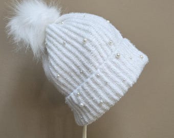 Crocheted winter hat. Ski cap. Handmade beanie with pearls.