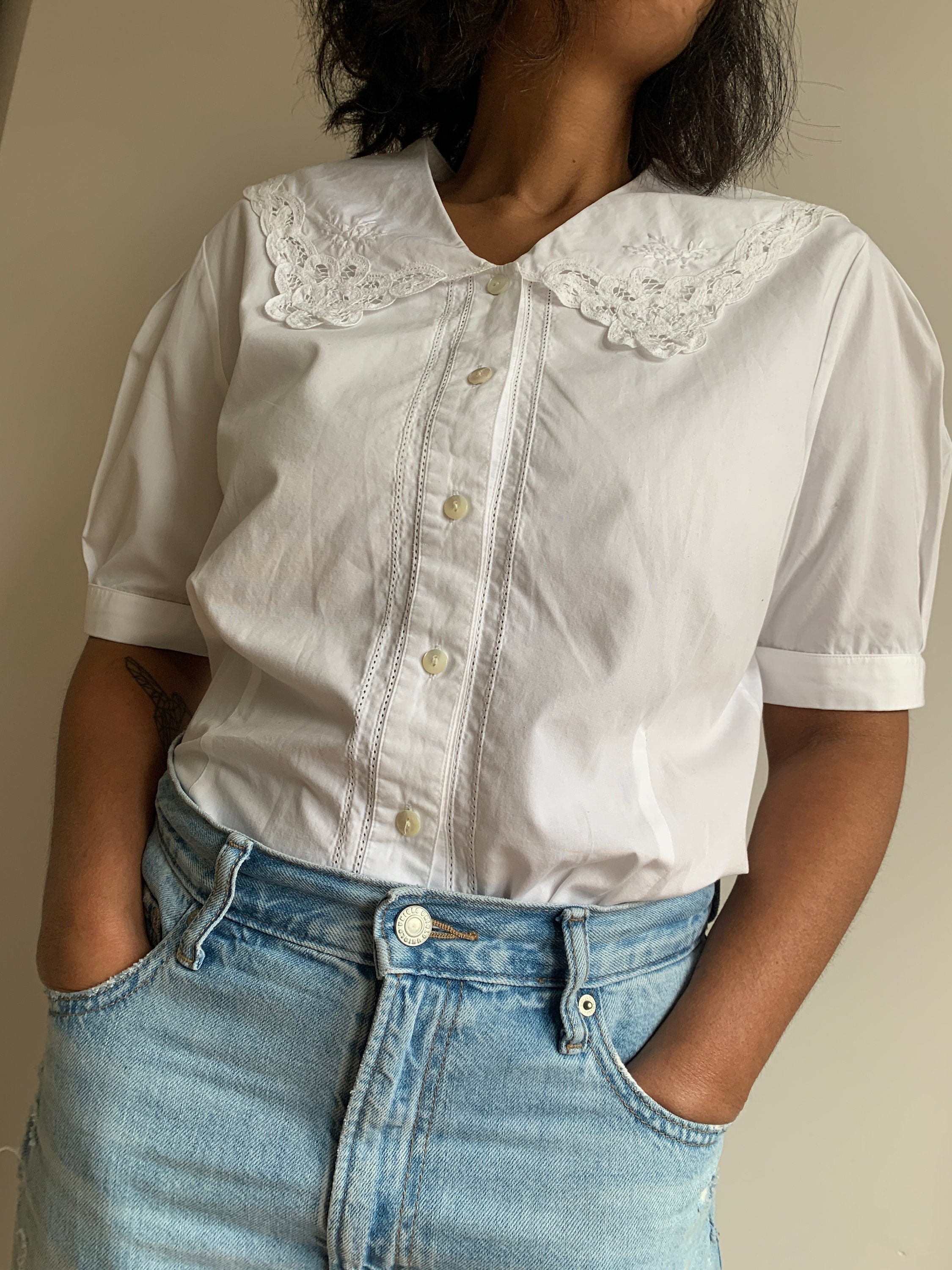 Women Summer Retro Pure Color 100%Cotton Blouse