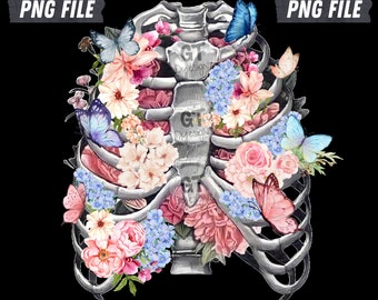 PNG Rib Cage Floral Design/ Digital File/ Flowers and Skeleton/ Sublimation Download