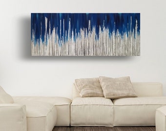 Long Blue Abstract Painting Original Silver leaf Canvas Art Modern Painting Long Horizontal Artwork Living Room Abstract Canvas Wall Art