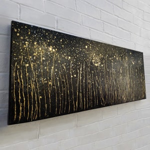 Black Gold Wall Art, Abstract Texture Painting, Long Horizontal Painting on Canvas Original, Black and Gold Textured Abstract Landscape Art