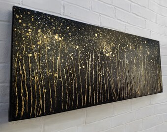 Black and Gold Textured Abstract Landscape Painting on Canvas