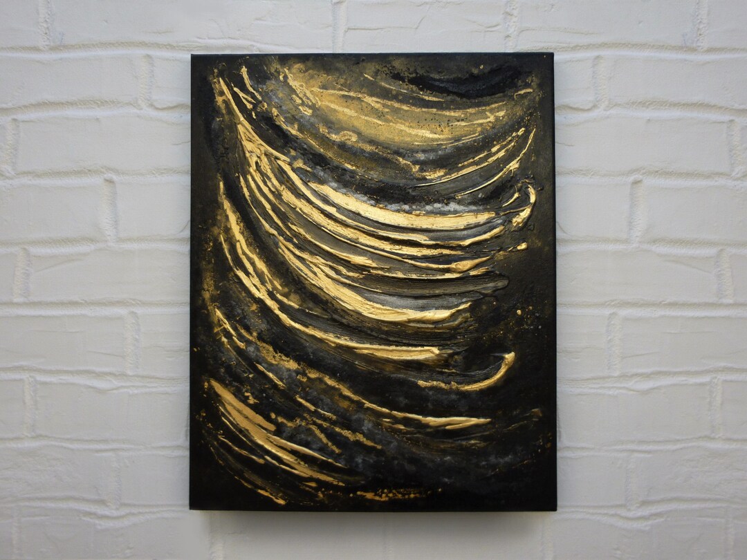 Black Gold Wall Art, 3D Wall Art, Gold Leaf Painting Textured Wall Art ...