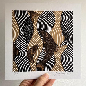 Salmons Linocut Print: Two-Color Limited Edition