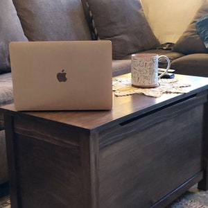 May include: A dark brown wooden storage chest with a lid and a small opening on the front. A laptop computer and a ceramic mug with a pattern of bunnies are on top of the chest.