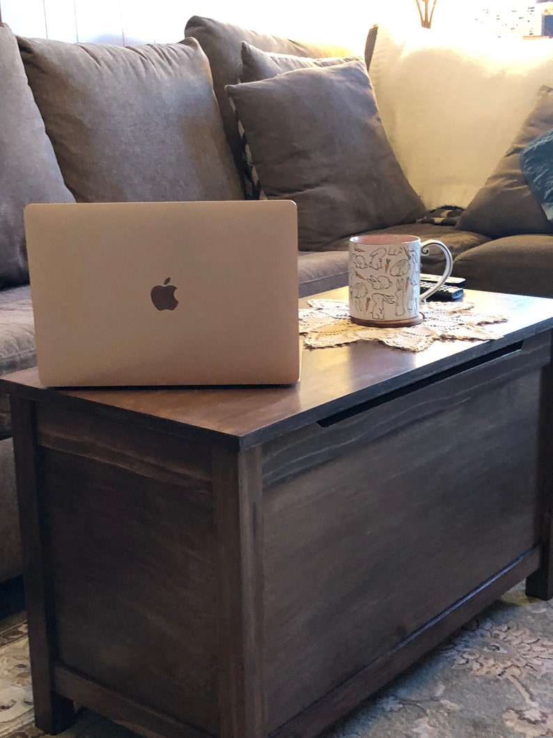 May include: A dark brown wooden storage chest with a lid and a small opening on the front. A laptop computer and a ceramic mug with a pattern of bunnies are on top of the chest.