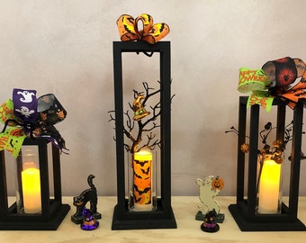 Black Wood Lantern Centerpiece – Rustic Farmhouse Lantern for Halloween, Wedding Décor