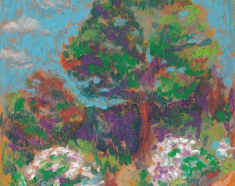 Arte naturalistica espressiva, pittura con pastelli a olio, paesaggio soleggiato, arredamento per la casa, opera d'arte originale
