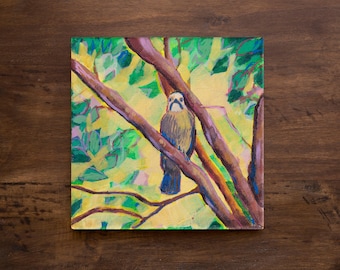Nature-Inspired Acrylic Painting on Canvas, Bird on a Branch, Small Wall Art, Rustic Home Decor