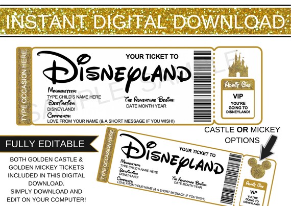 Ticket to Disneyland Gold ticket Surprise Trip Diy | Etsy