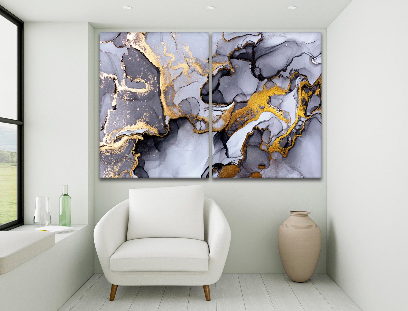 Large canvas art Grey Gold wall art set Blak Gold Yellow Etsy