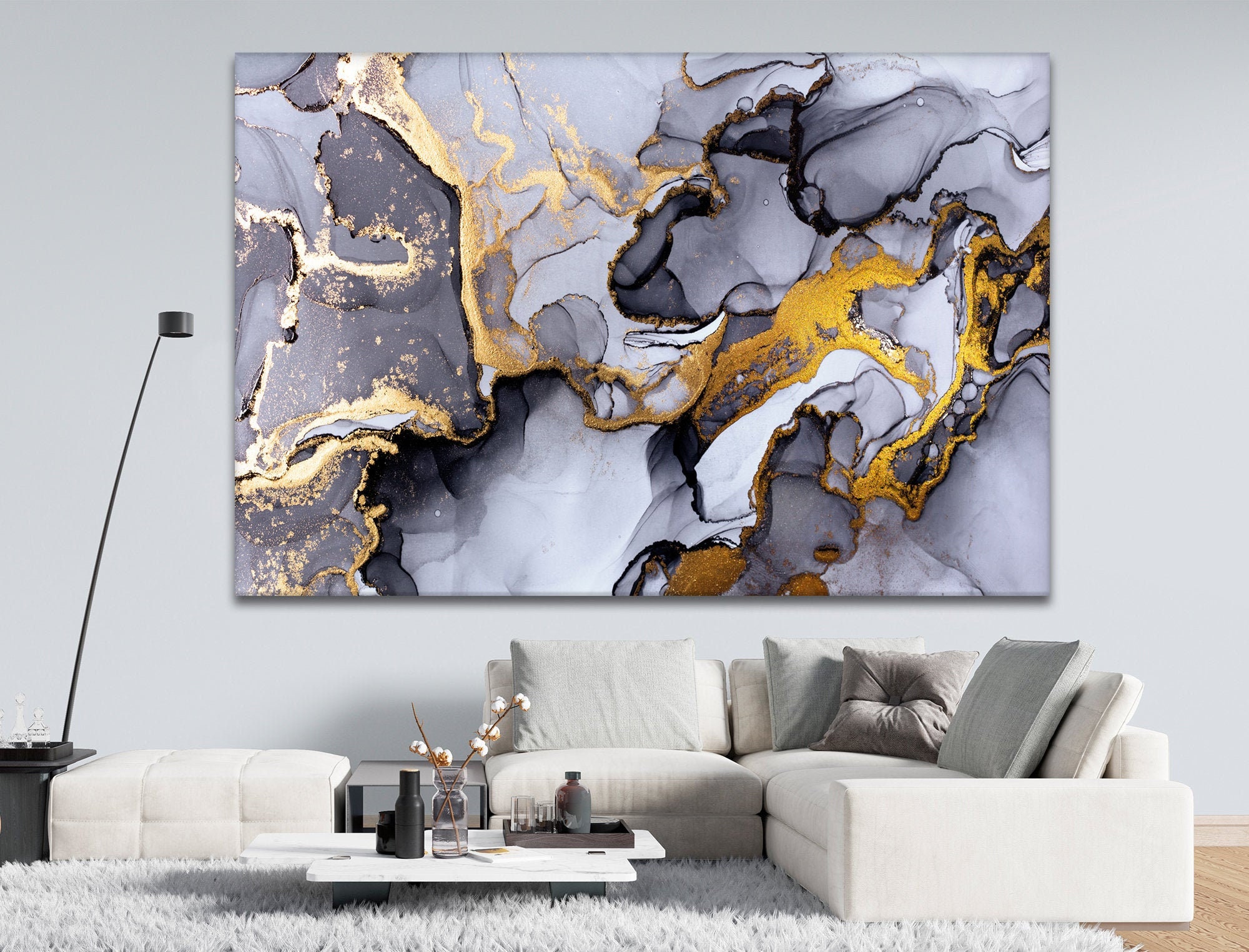 Large canvas art Grey Gold wall art set Blak Gold Yellow Etsy