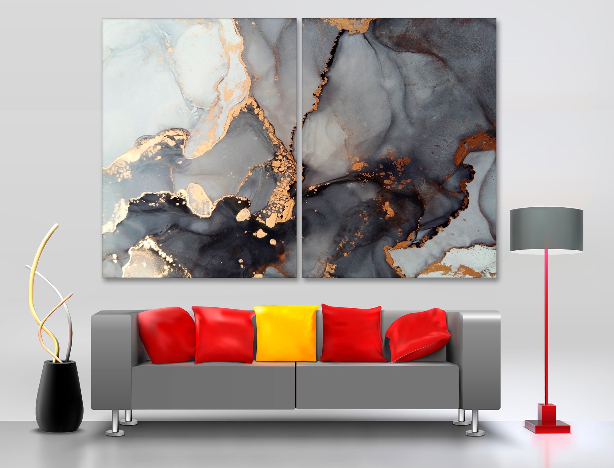 Black and gold marble wall art set Grey marble wall art Etsy