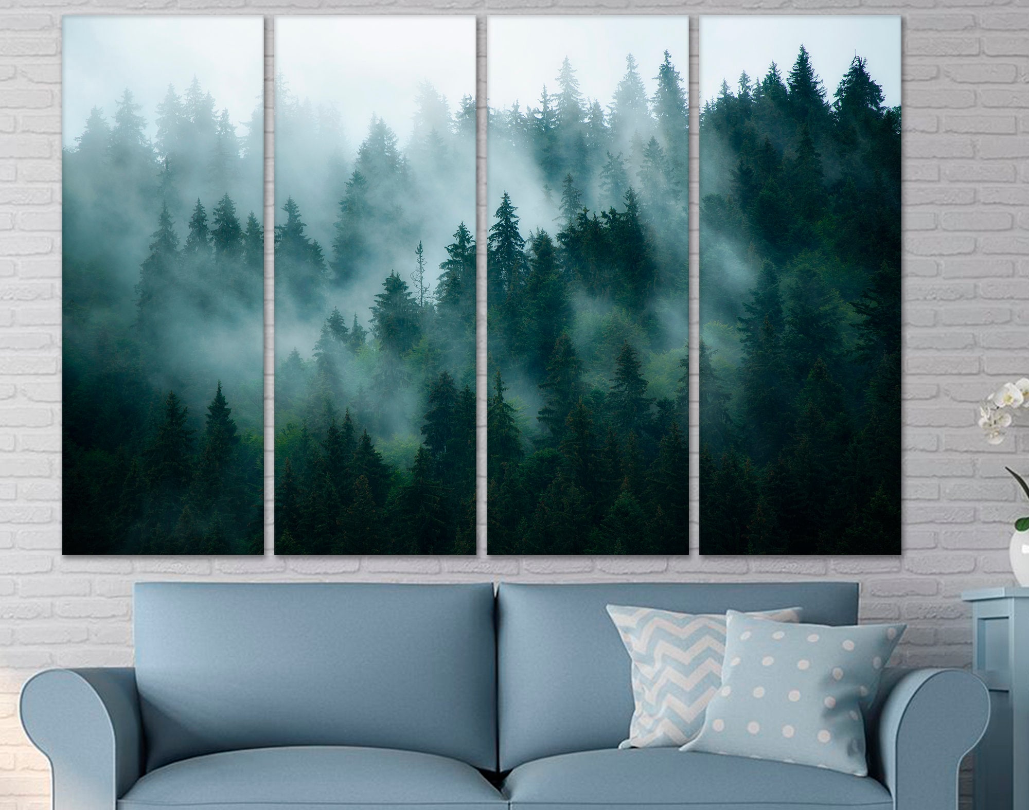 Misty forest wall art Pine trees forest in the fog large wall Etsy