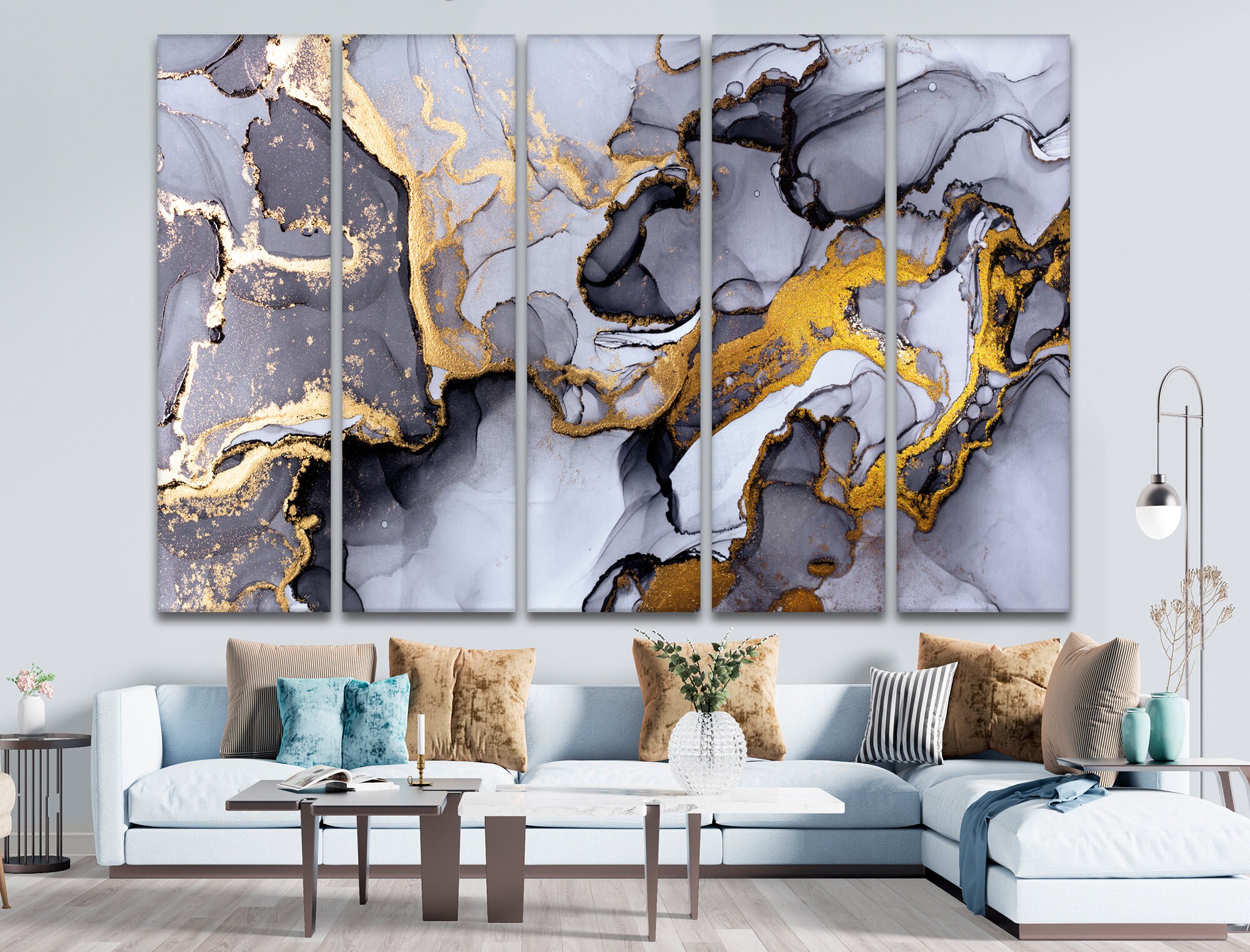 Large canvas art Grey Gold wall art set Blak Gold Yellow Etsy
