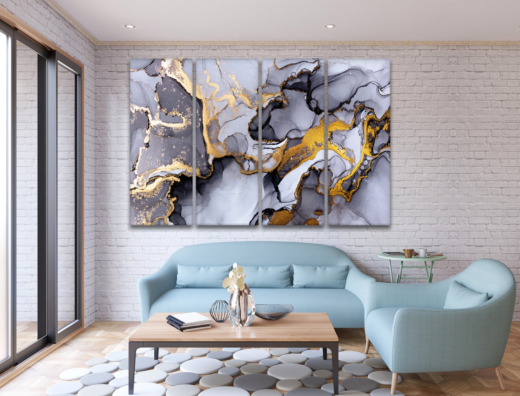 Large canvas art Grey Gold wall art set Blak Gold Yellow Etsy