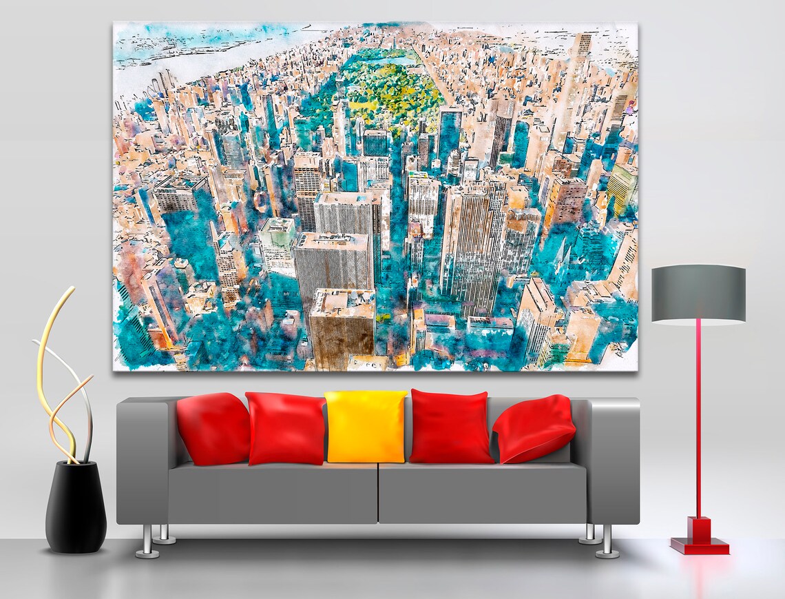 NYC and Central Park wall art Aerial view watercolor painting Etsy