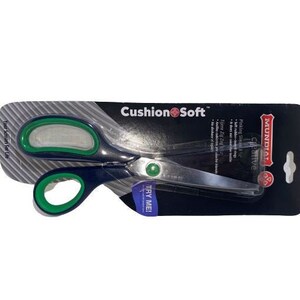 May include: Scissors with Cushion Soft handles, packaged on a black and grey backing. The scissors have silver blades and dark blue handles with green accents. The packaging includes the text "Cushion Soft" and "Mundial Creative".