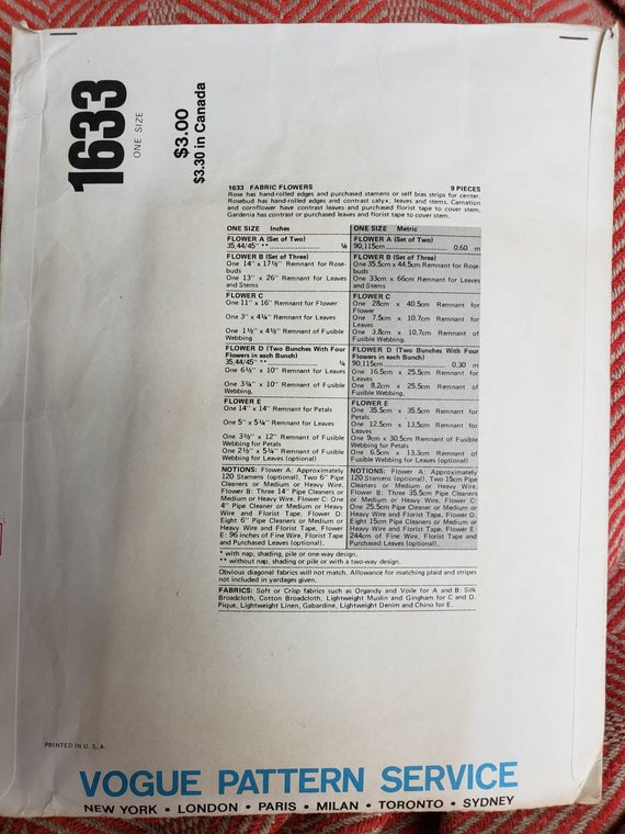 Vintage 1970/'s Uncut and unused Vogue Fabric Flower Pattern