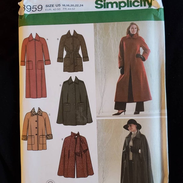 Sz 16-24 Raglan Sleeve Coat and Cape Sewing Pattern,  Uncut Simplicity 3959