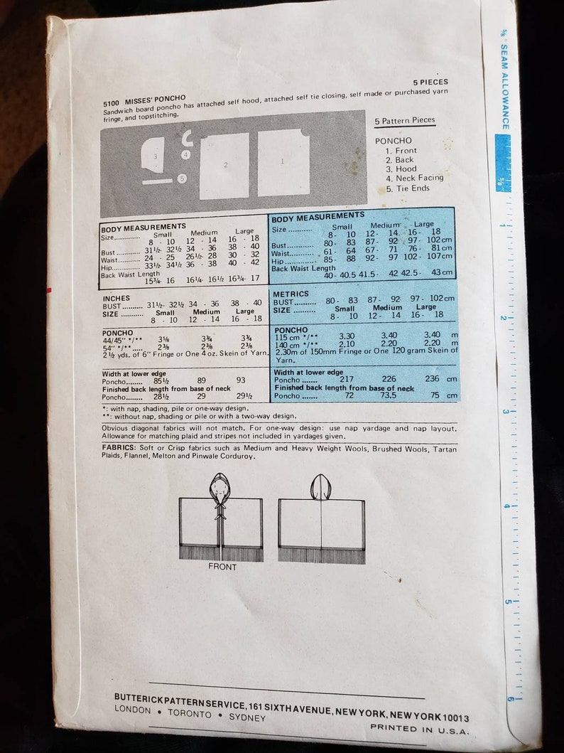Uncut Butterick 5100 Sz 16-18 Retro Poncho Pattern