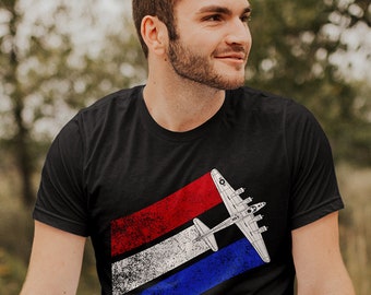 T-shirt B-17 rouge blanc et bleu / T-shirt Flying Fortress / Chemise 4 juillet / T-shirt schématique à manches longues B17 Seconde Guerre mondiale / Cadeau fête des anciens combattants