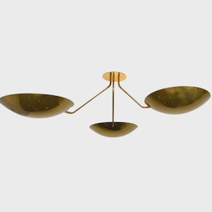 Lustre de latão bruto com 3 luzes, estilo Stilnovo, abajur de disco, luminária moderna Sputnik
