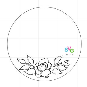 May include: A black and white floral design featuring a rose and leaves, set within a circle. The image includes the text "SVG by Rosie" in a colorful, stylized font, suggesting a digital graphic or template.