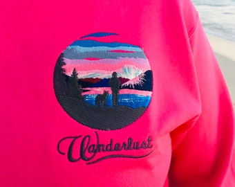 Wanderlust Crewneck Sweatshirt, Pink Sunset Over the Lake Embroidery on Hot Pink Sweatshirt, Gift for Nature Lovers