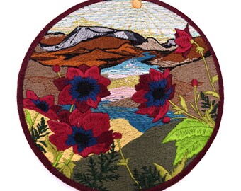 Mountain Valley with Flowers, Golden Shimmer Sunshine, Beautiful Landscape, Wilderness Iron-on Patch, Awesome Birthday Gift for Nature Lover