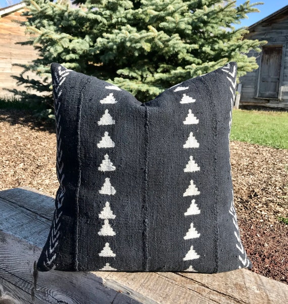 Blue Mudcloth Pillow Cover With Accents Authentic African Mud Etsy