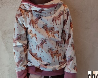 Mädchen-Hoodie, Pferde, Ponys, Blumen,  Kapuzenpulli mit Wickelkapuze aus Jersey für Babys, Kinder, Gr. 74-164