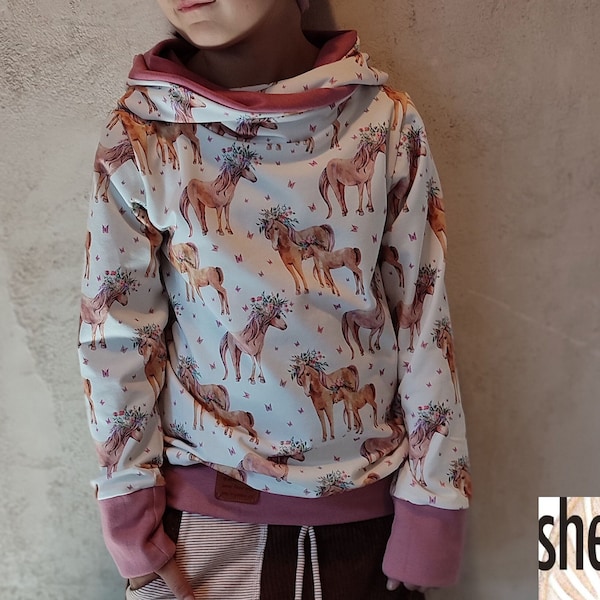 Mädchen-Hoodie, Pferde, Ponys, Blumen,  Kapuzenpulli mit Wickelkapuze aus Jersey für Babys, Kinder, Gr. 74-164