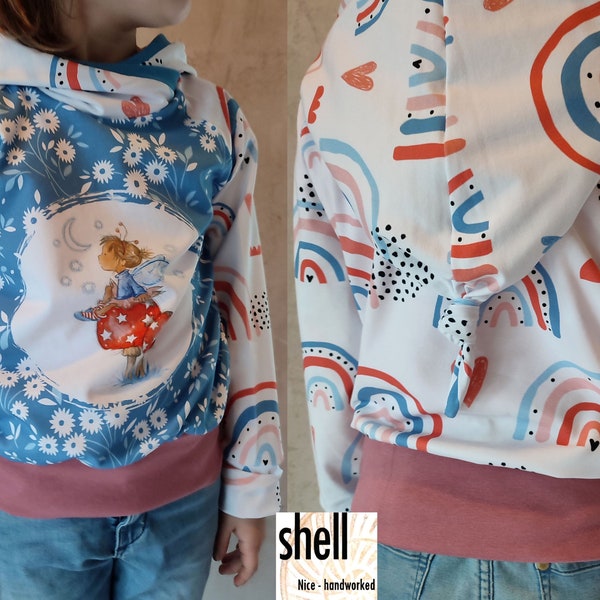 Mädchen-Hoodie, Elfe, Fee, Regenbogen, Blumen,  Kapuzenpulli mit Zipfelkapuze, Knotenmütze aus Jersey für Babys, Kinder, Gr. 86-146